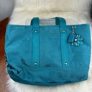 Coach Blue Teal Monogram Shoulder Tote Bag